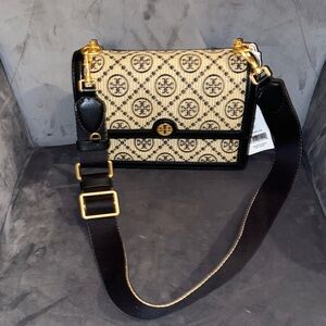 Tory Burch Black and Tan T Monogram Raffia Small Shoulder Bag